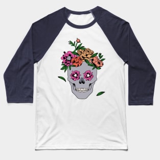 Womens Floral Skull Peony Flower Baseball T-Shirt